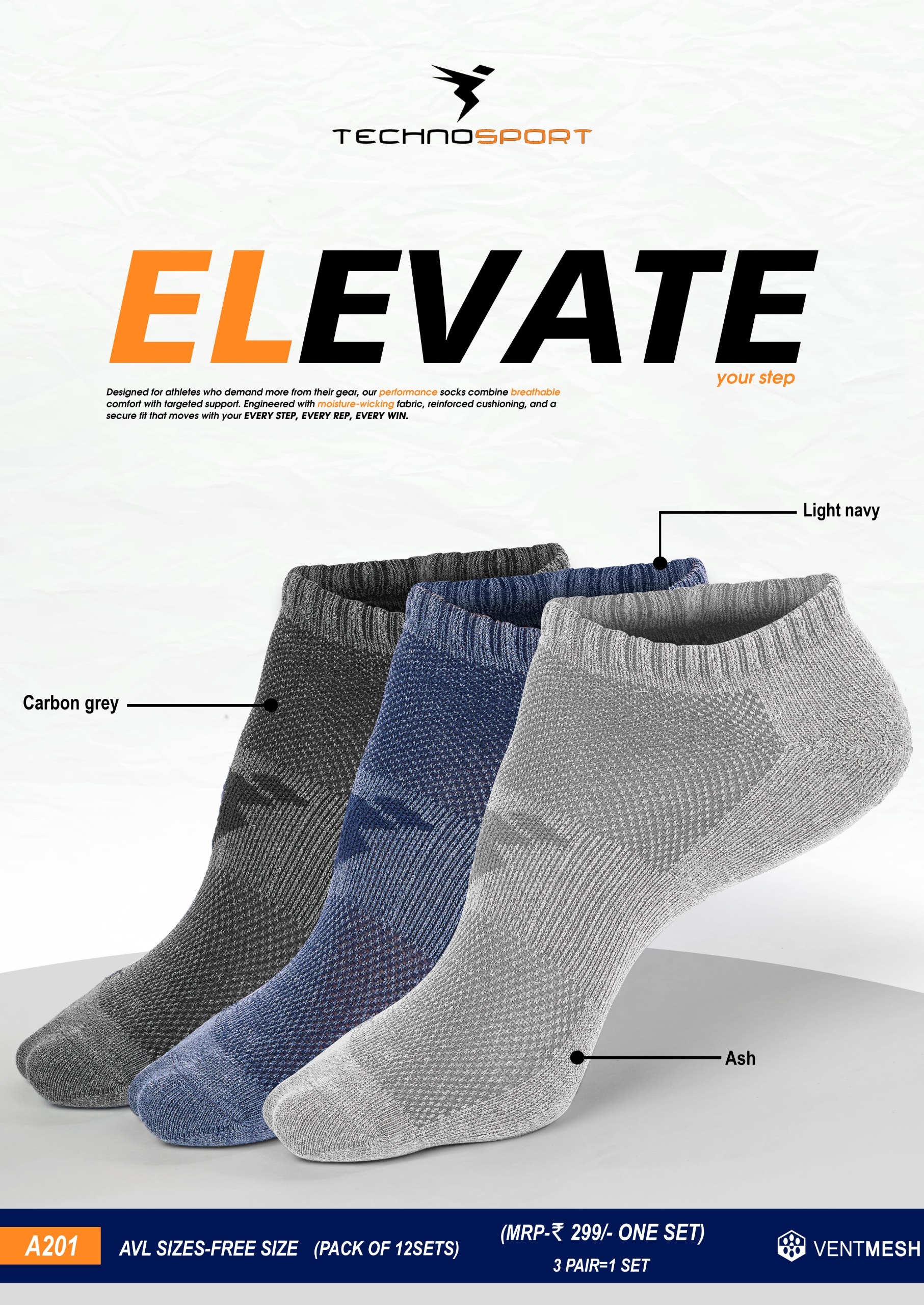 A201 ASSORTED UNISEX TECHNOSPORT SOCKS FREE SIZE - Image 1