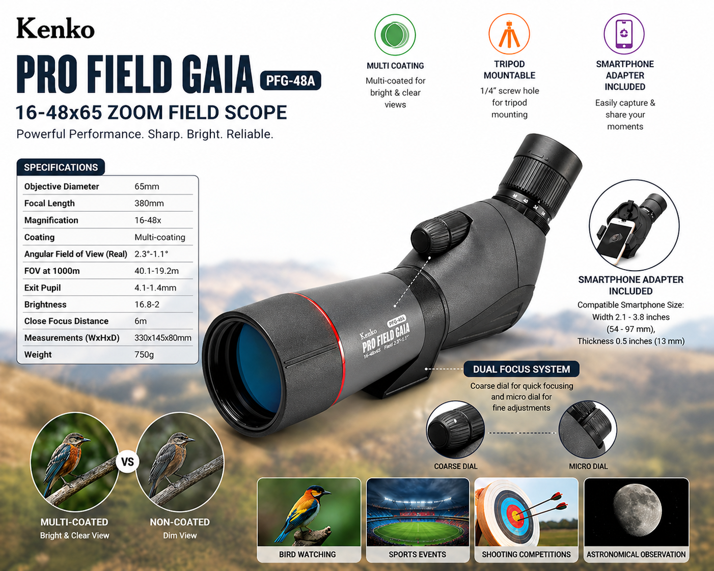 Kenko Pro Field Gaia 16-48x65 Angled Spotting Scope with Smartphone Adapter - Image 2