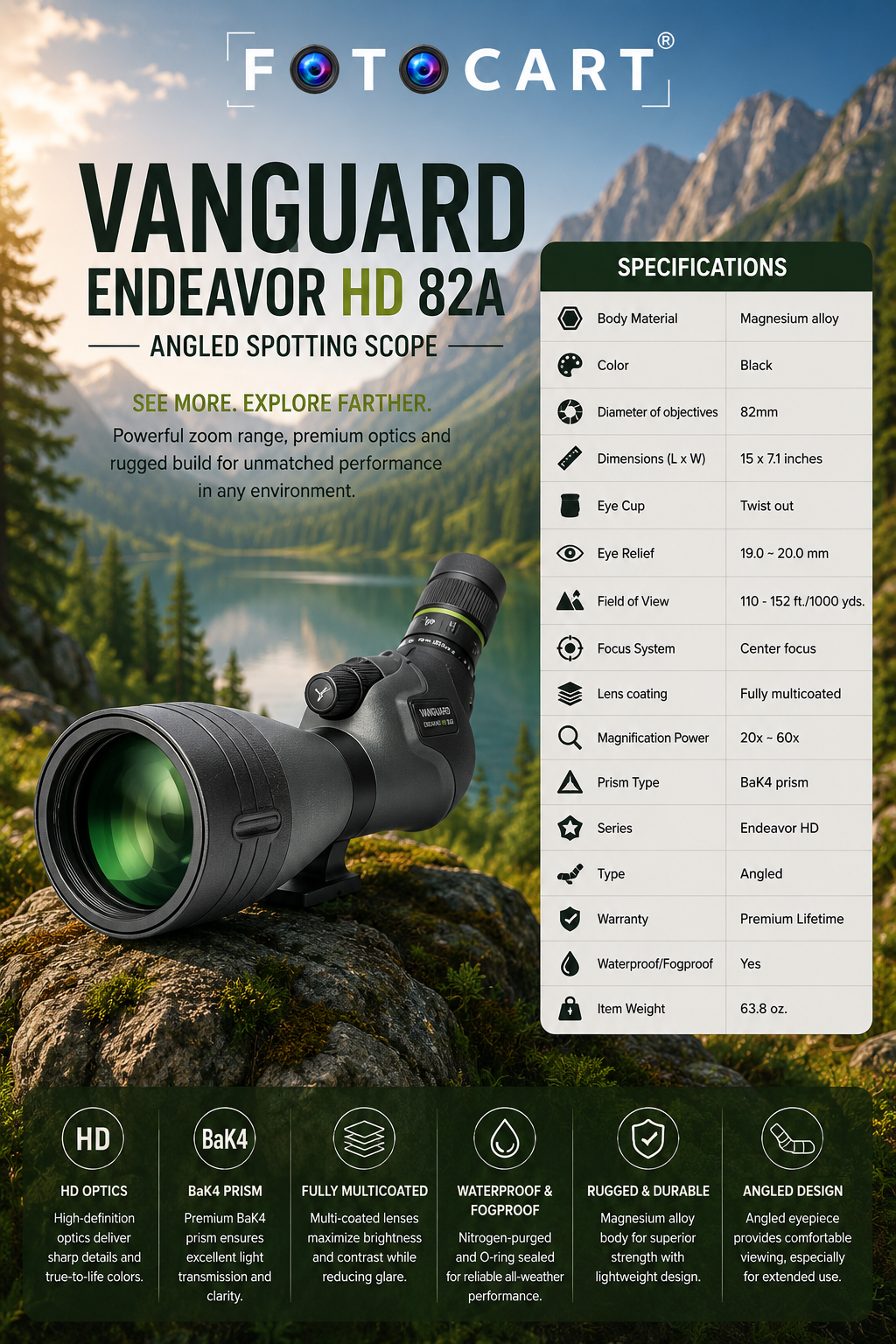 Vanguard Endeavor HD 82A 20–60x82 Angled Spotting Scope – ED Glass, Fully Multi-Coated Optics, BaK4 Prism, Waterproof/Fogproof - Image 20