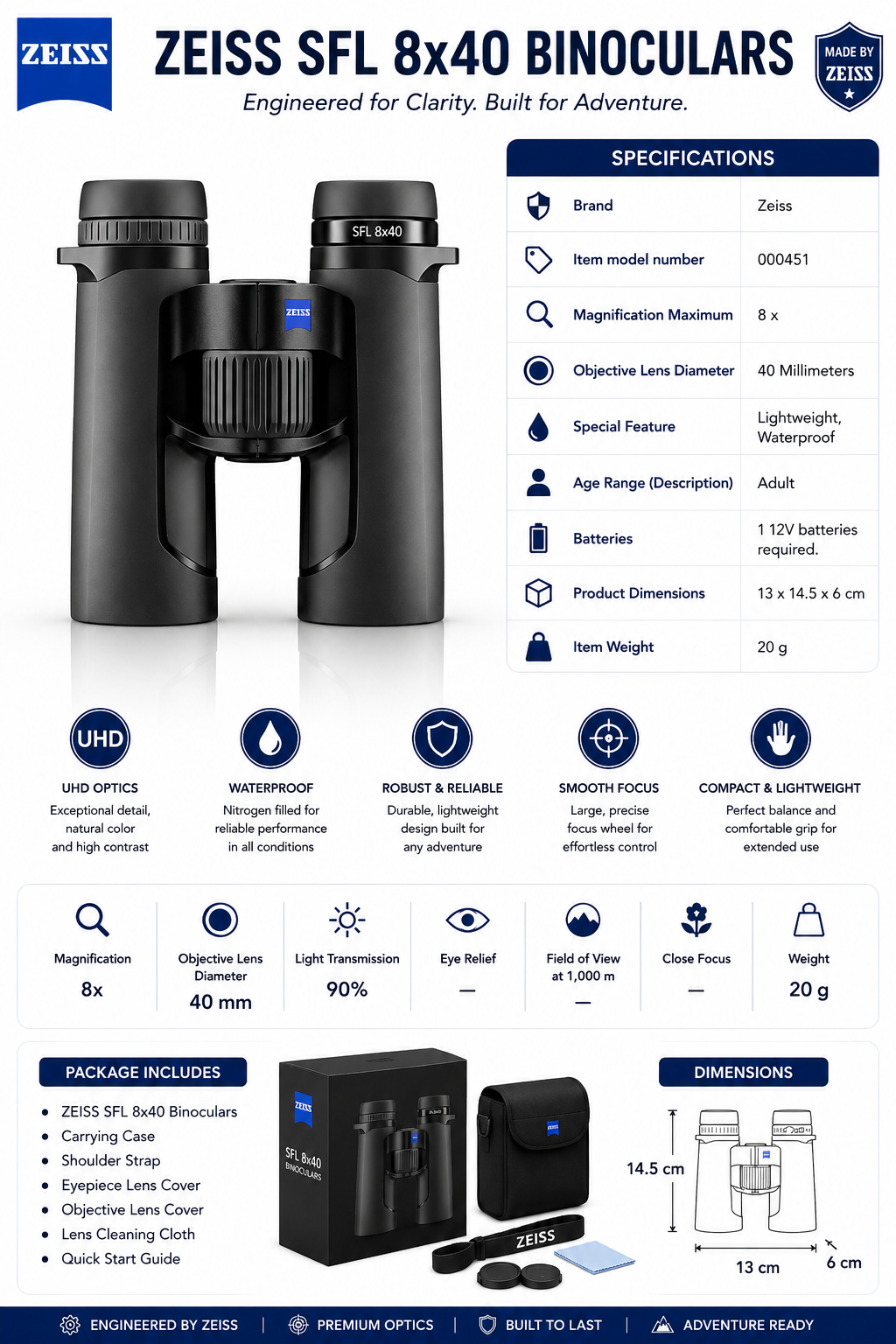 ZEISS SFL 8X40 Binoculars, Black (SmartFocus Lightweight, 90% Light Transmission, Ultra-High-Definition, Waterproof) - Image 11