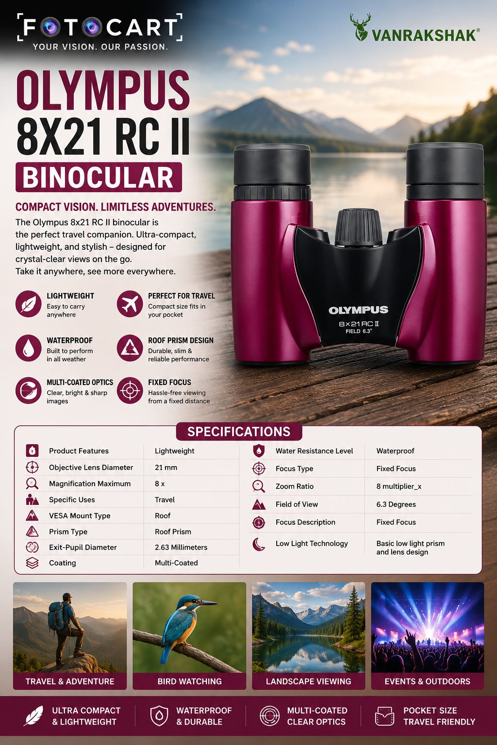 Olympus 8X21 RC II Binocular (Magenta) - Image 5