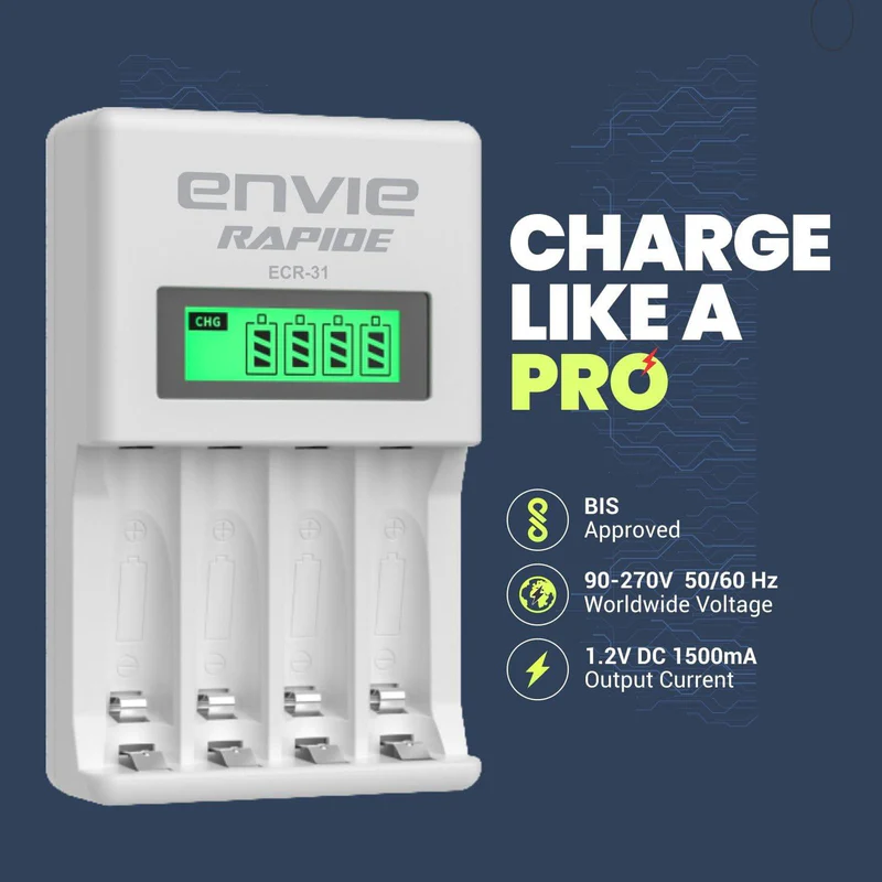 ENVIE (ECR-31) Rapide Ultra Fast Charger for Rechargeable Batteries AA & AAA Ni-mh, with LCD Display, Smart Charge Control System - Image 2