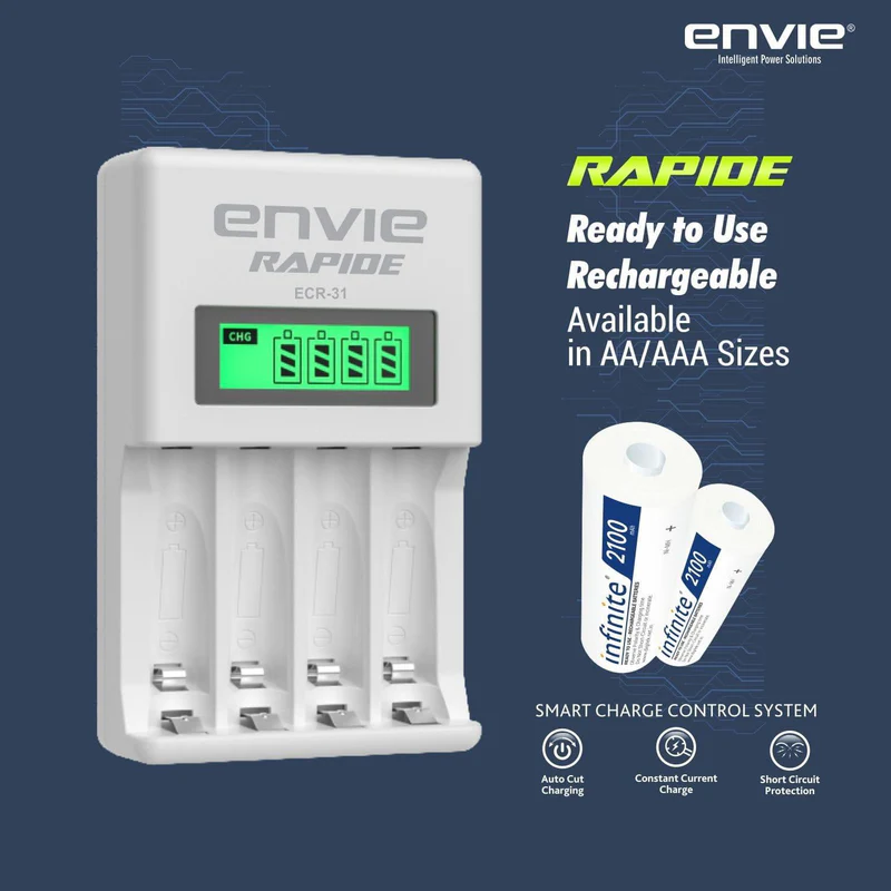 ENVIE (ECR-31) Rapide Ultra Fast Charger for Rechargeable Batteries AA & AAA Ni-mh, with LCD Display, Smart Charge Control System - Image 3