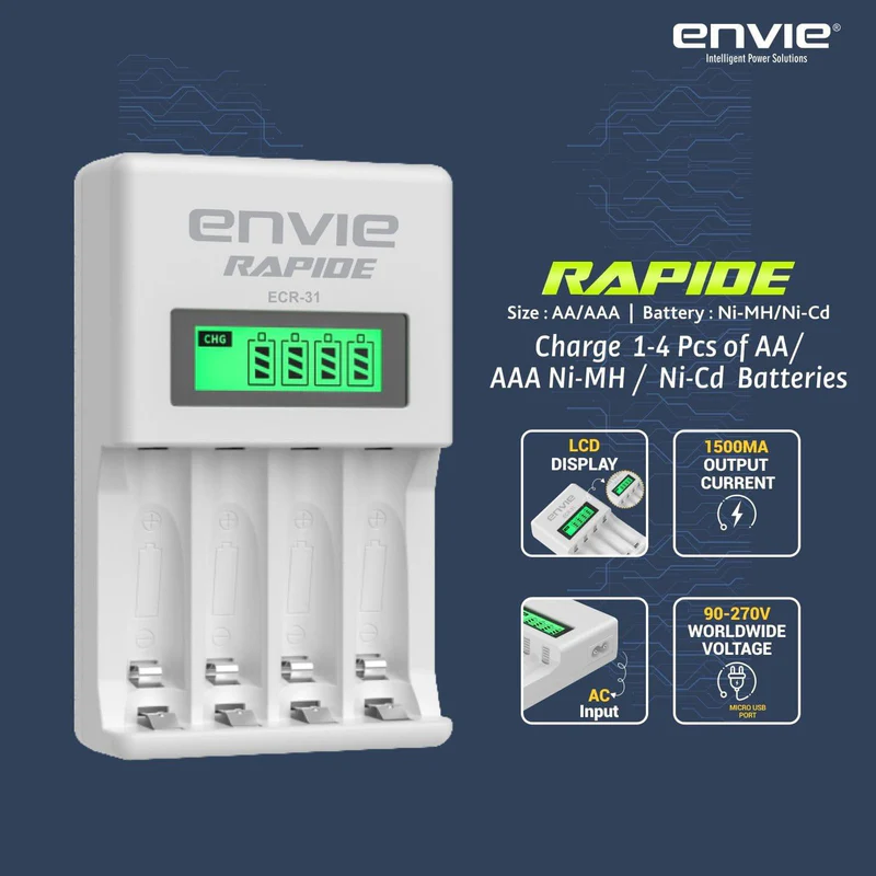 ENVIE (ECR-31) Rapide Ultra Fast Charger for Rechargeable Batteries AA & AAA Ni-mh, with LCD Display, Smart Charge Control System - Image 4
