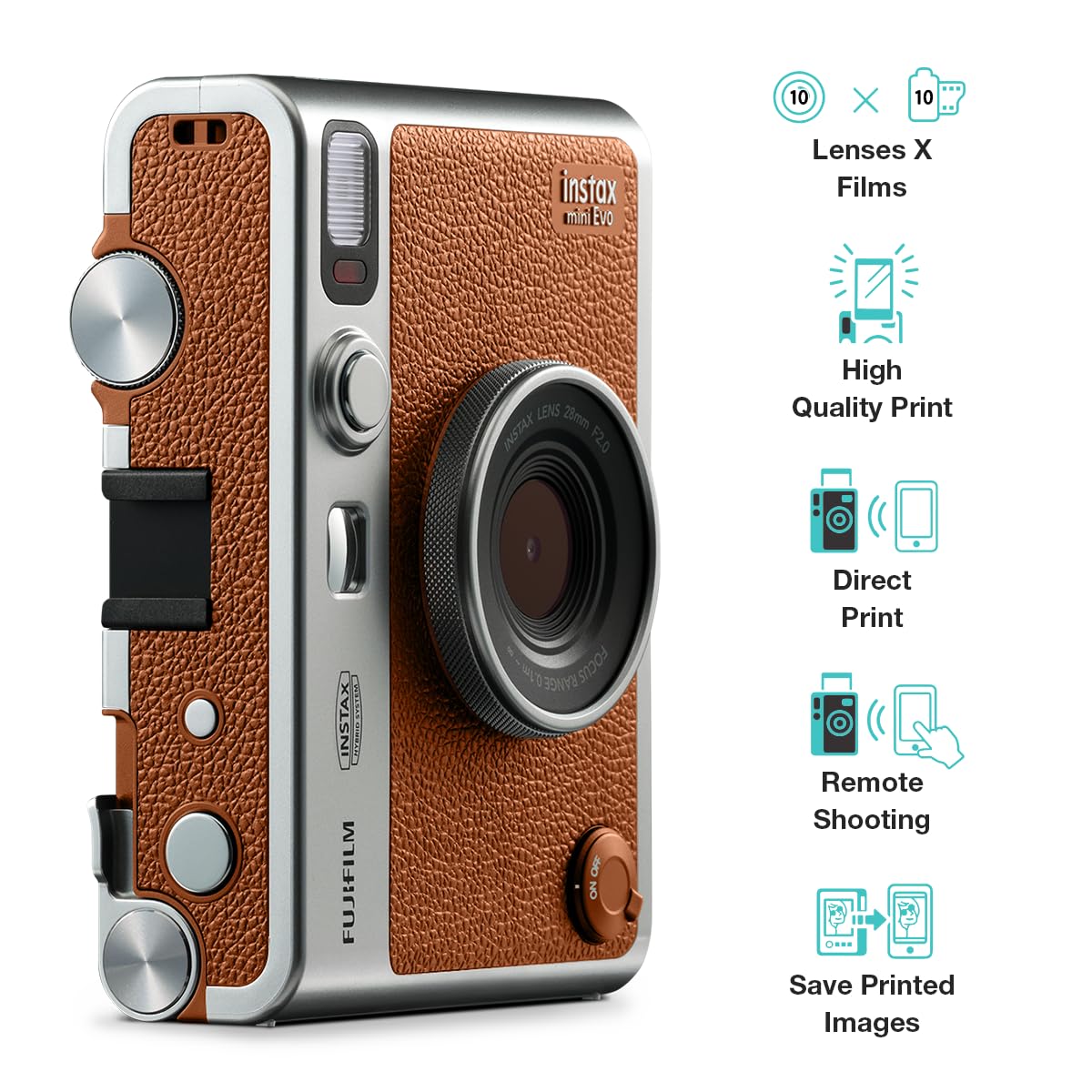 Fujifilm Instax Mini Evo Hybrid Camera Premium Edition with 20 Shots of Instax Mini Black Film and 100 Different Expressions-(Brown) - Image 2