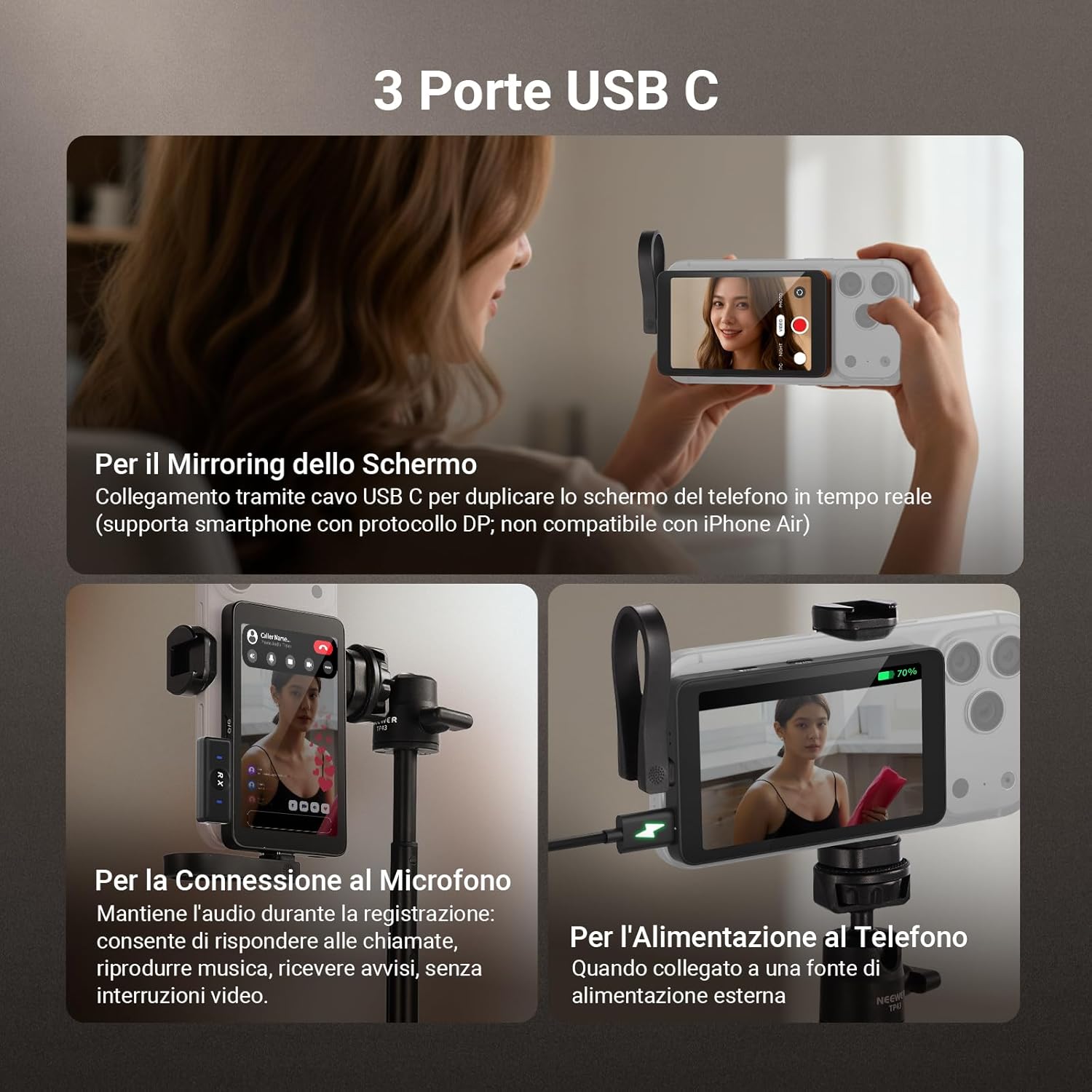 NEEWER 4" Magnetic Vlog Selfie Monitor Screen, 4K 120fps Wired Recording for DP Enabled Phone, Back Camera M4C - Image 3