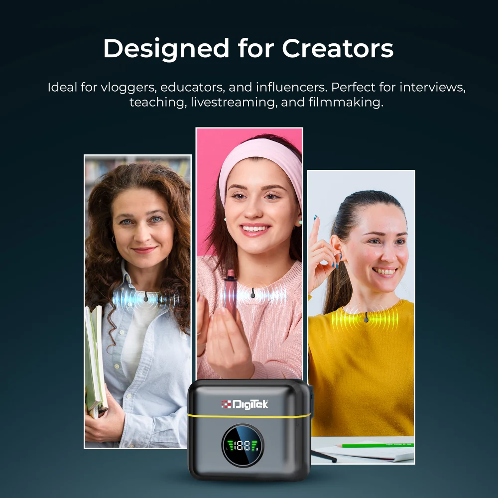 Digitek (DWM 119) 2-in-1 Wireless Microphone, 2.4G Mic with 30m Range, 6Hr Battery, Noise Cancellation & Power Indicator, for iPhone & Android Smartphones, Ideal for Vlogging, Live Streaming & Interviews - Image 9