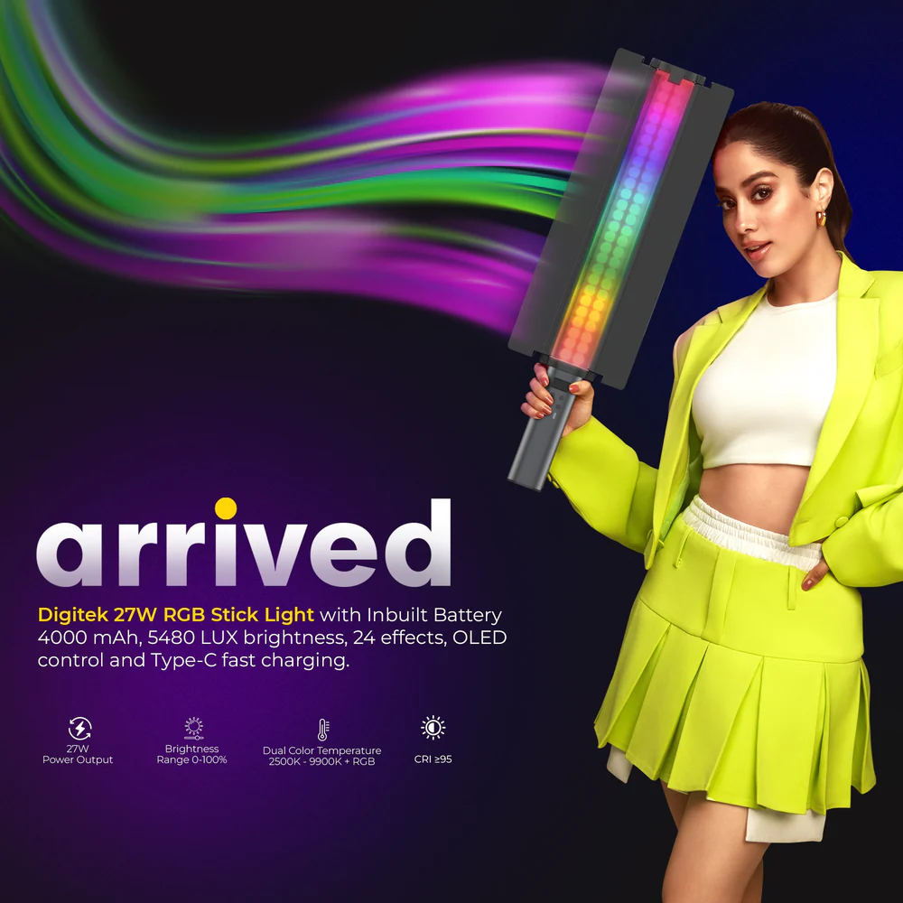 Digitek (DSL 27W RGB) 27W LED Stick Light Wand with Barndoor & Built-in Battery, 2500K-9900K + RGB, 5480 Lux, 24 FX Modes, CRI 95+, OLED Display, 0-360° HSI, Type-C Charging, For Photo & Videography - Image 2
