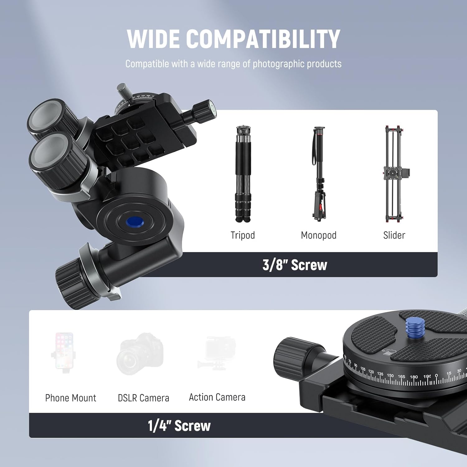 NEEWER 3 Way Geared Tripod Head with 360° Panoramic Arca QR Plate - Image 8