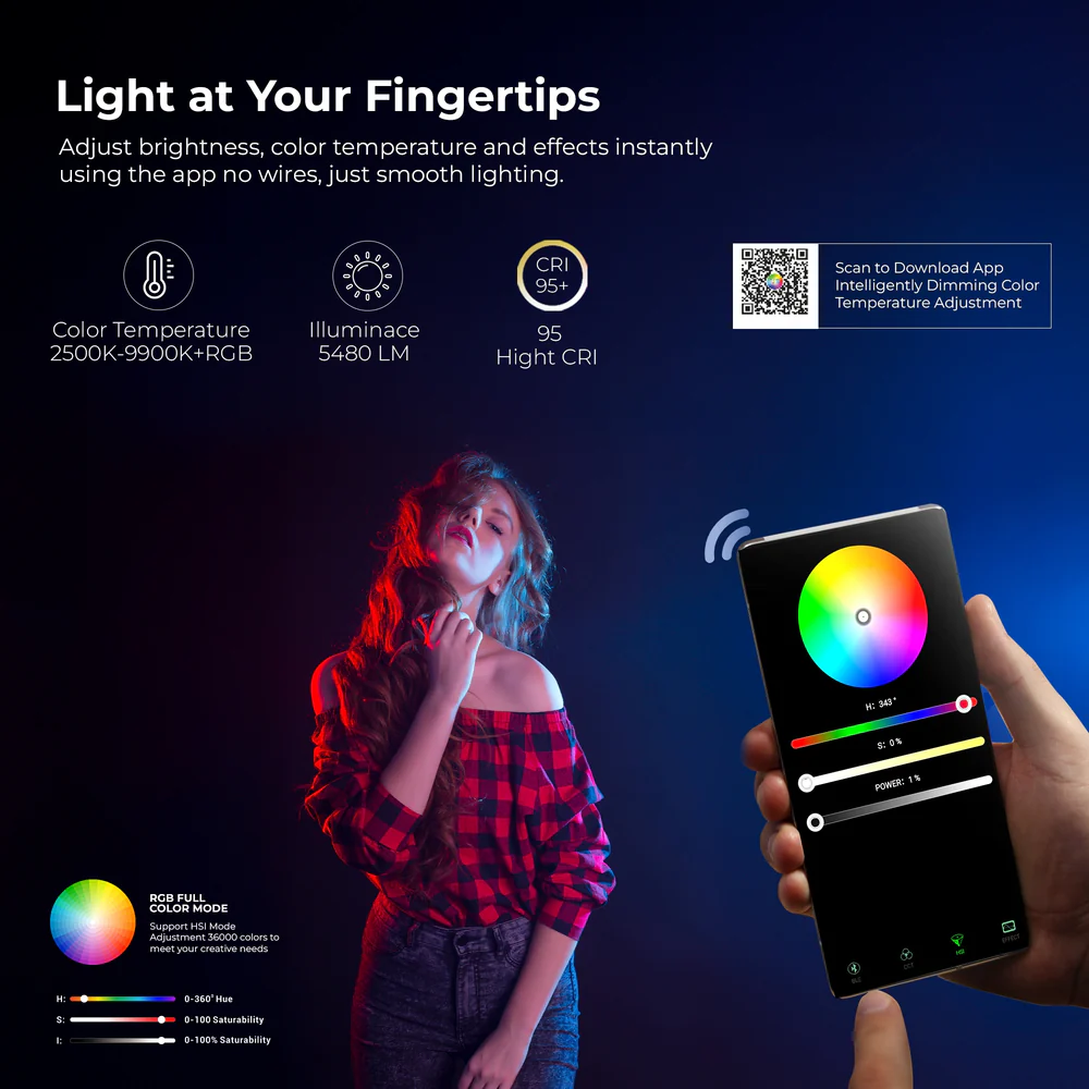 Digitek (DSL 27W RGB) 27W LED Stick Light Wand with Barndoor & Built-in Battery, 2500K-9900K + RGB, 5480 Lux, 24 FX Modes, CRI 95+, OLED Display, 0-360° HSI, Type-C Charging, For Photo & Videography - Image 8
