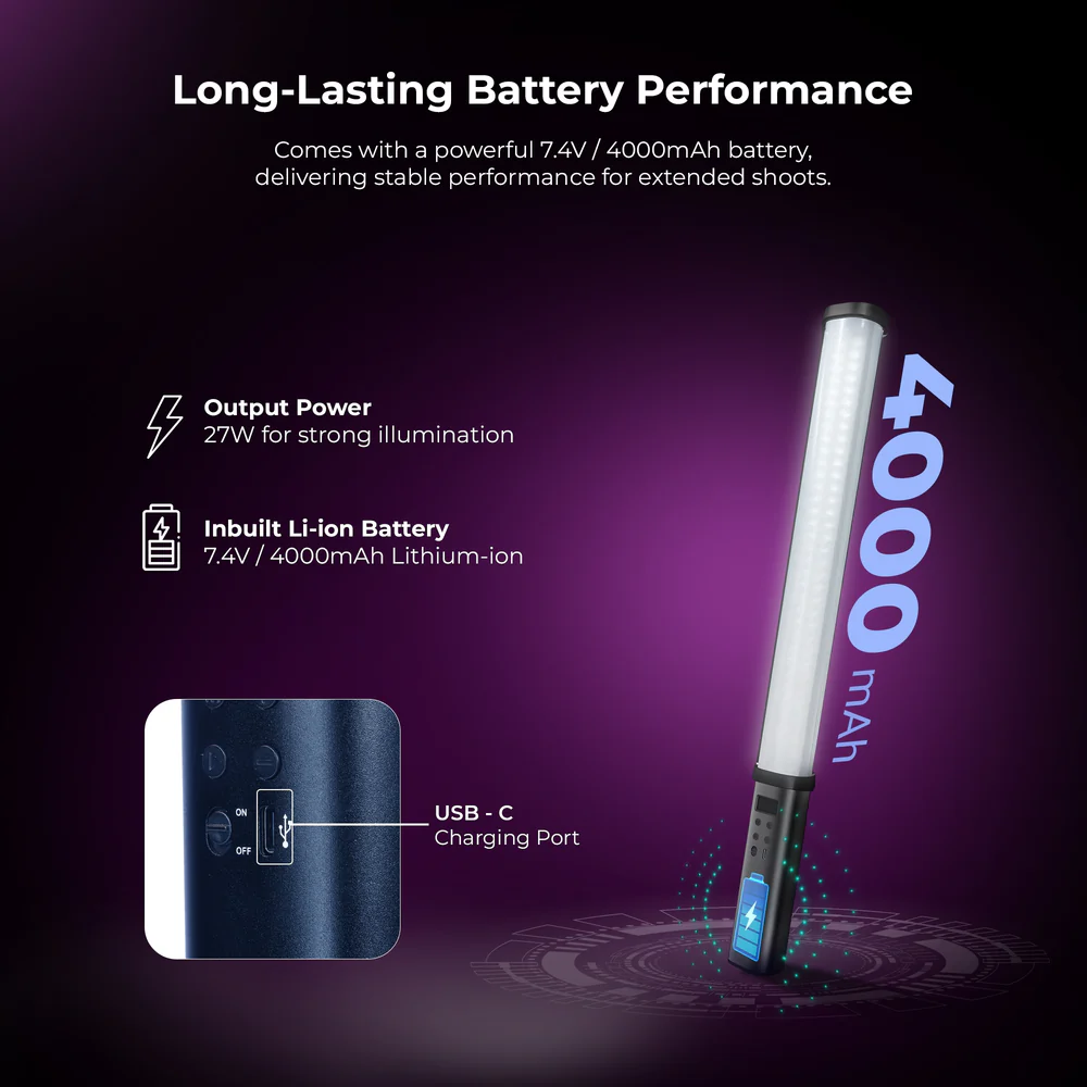 Digitek (DSL 27W RGB) 27W LED Stick Light Wand with Barndoor & Built-in Battery, 2500K-9900K + RGB, 5480 Lux, 24 FX Modes, CRI 95+, OLED Display, 0-360° HSI, Type-C Charging, For Photo & Videography - Image 6