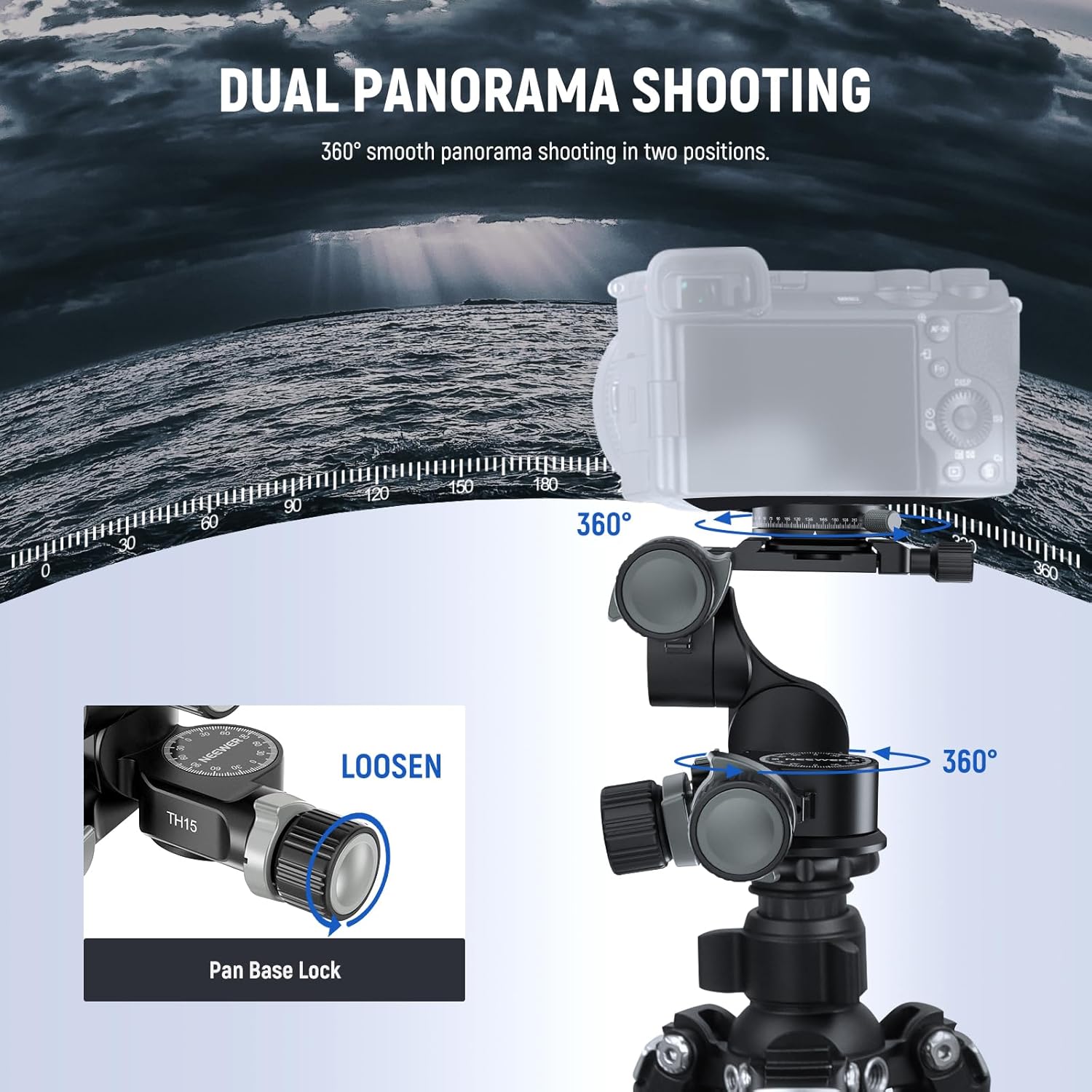 NEEWER 3 Way Geared Tripod Head with 360° Panoramic Arca QR Plate - Image 6