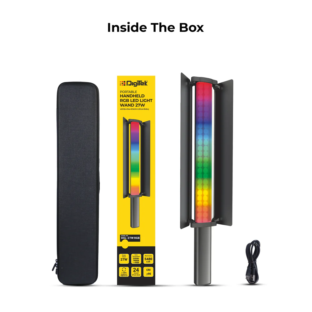 Digitek (DSL 27W RGB) 27W LED Stick Light Wand with Barndoor & Built-in Battery, 2500K-9900K + RGB, 5480 Lux, 24 FX Modes, CRI 95+, OLED Display, 0-360° HSI, Type-C Charging, For Photo & Videography - Image 9