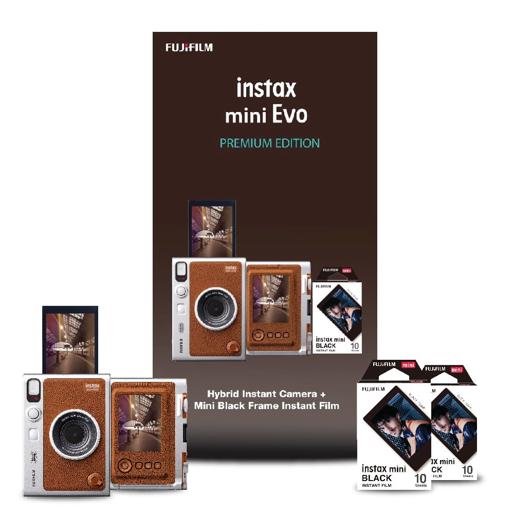 Fujifilm Instax Mini Evo Hybrid Camera Premium Edition with 20 Shots of Instax Mini Black Film and 100 Different Expressions-(Brown) - Image 1