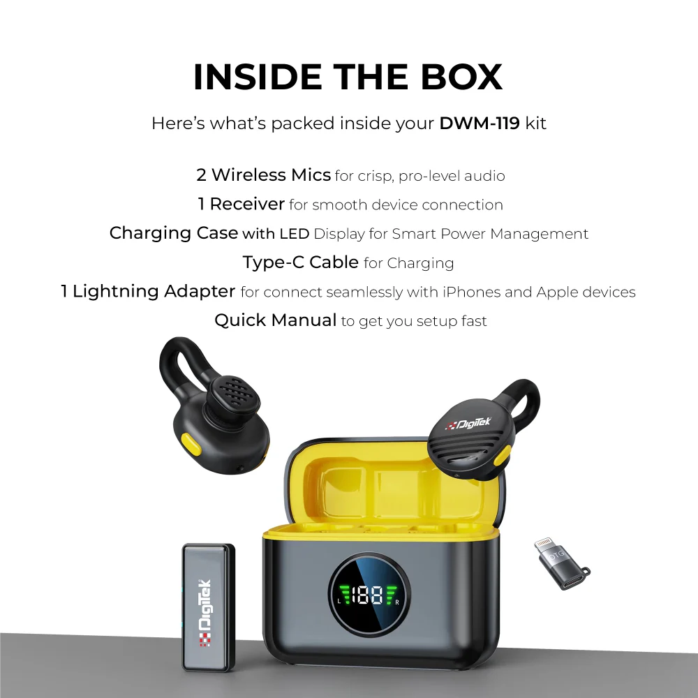 Digitek (DWM 119) 2-in-1 Wireless Microphone, 2.4G Mic with 30m Range, 6Hr Battery, Noise Cancellation & Power Indicator, for iPhone & Android Smartphones, Ideal for Vlogging, Live Streaming & Interviews - Image 3