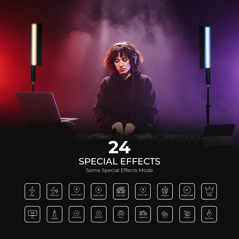 Digitek (DSL 27W RGB) 27W LED Stick Light Wand with Barndoor & Built-in Battery, 2500K-9900K + RGB, 5480 Lux, 24 FX Modes, CRI 95+, OLED Display, 0-360° HSI, Type-C Charging, For Photo & Videography - Image 4