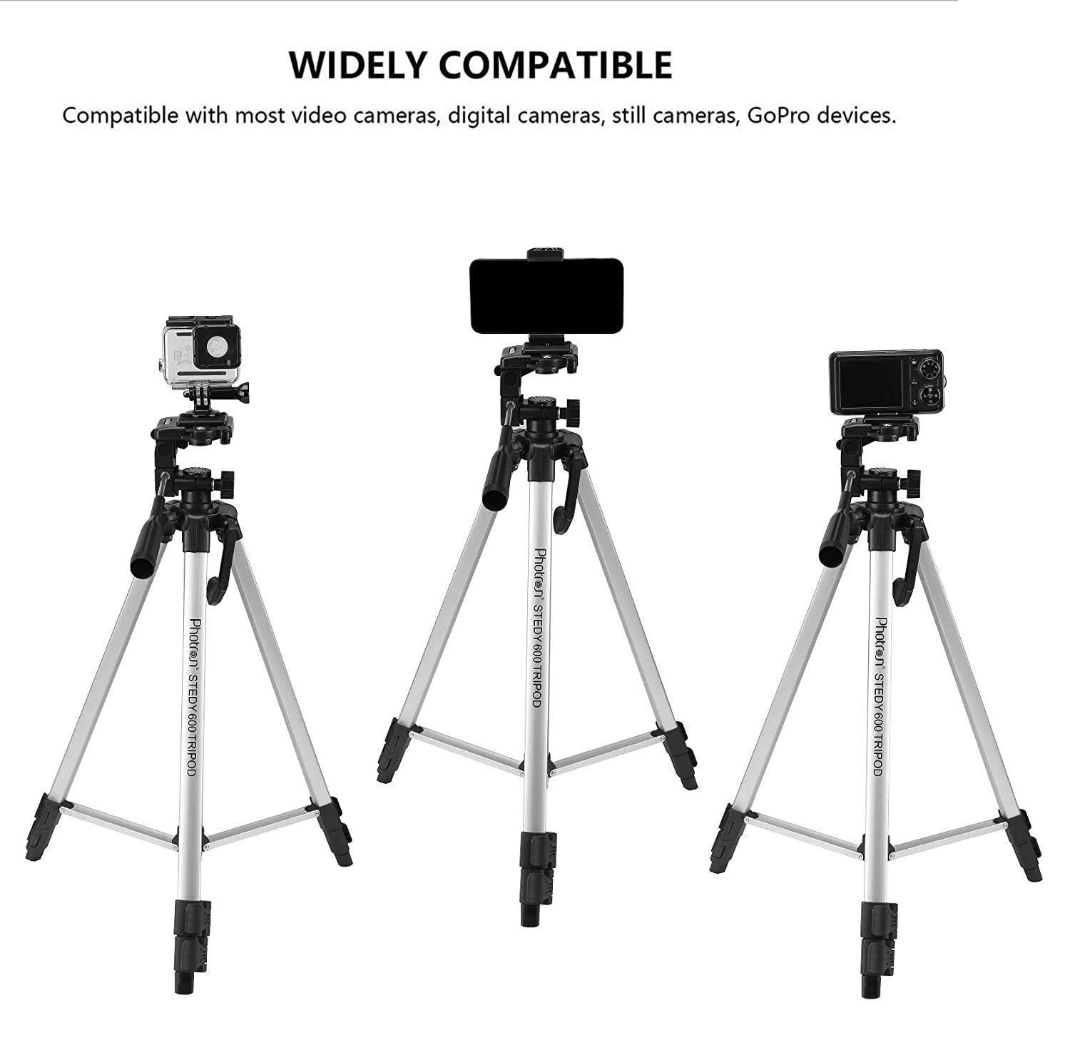 Photron Stedy 600M Tripod with Mobile Holder for Smart Phone, Camera, Mobile Phone | Extends to 1345mm (4.4 Feet) | Folds to 515mm(1.6 Feet) | Weight Load Capacity: 3kg | Case Included, Silver - Image 4