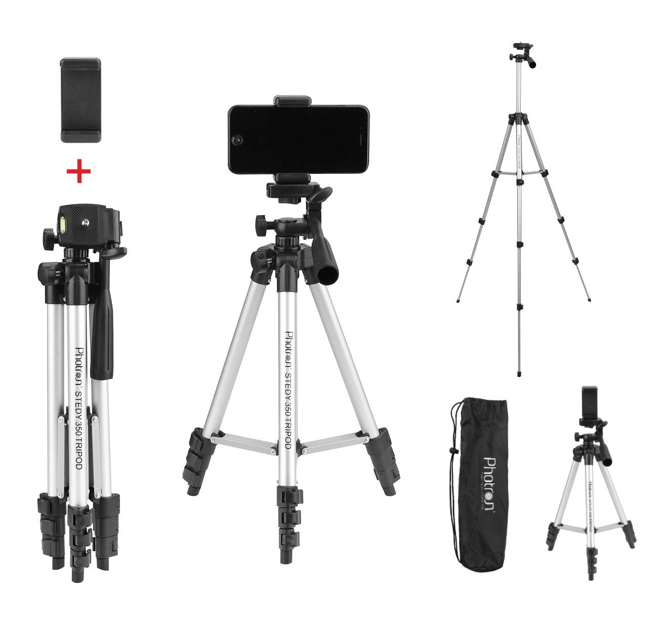 Photron STEDY 350 Tripod with Mobile Holder for Smart Phone, Compact Camera, Mobile Phone | Maximum Operating Height: 1050mm | Weight Load Capacity: 2kg | 4-Tube Section, Case Included [NOT for DSLR] - Image 2