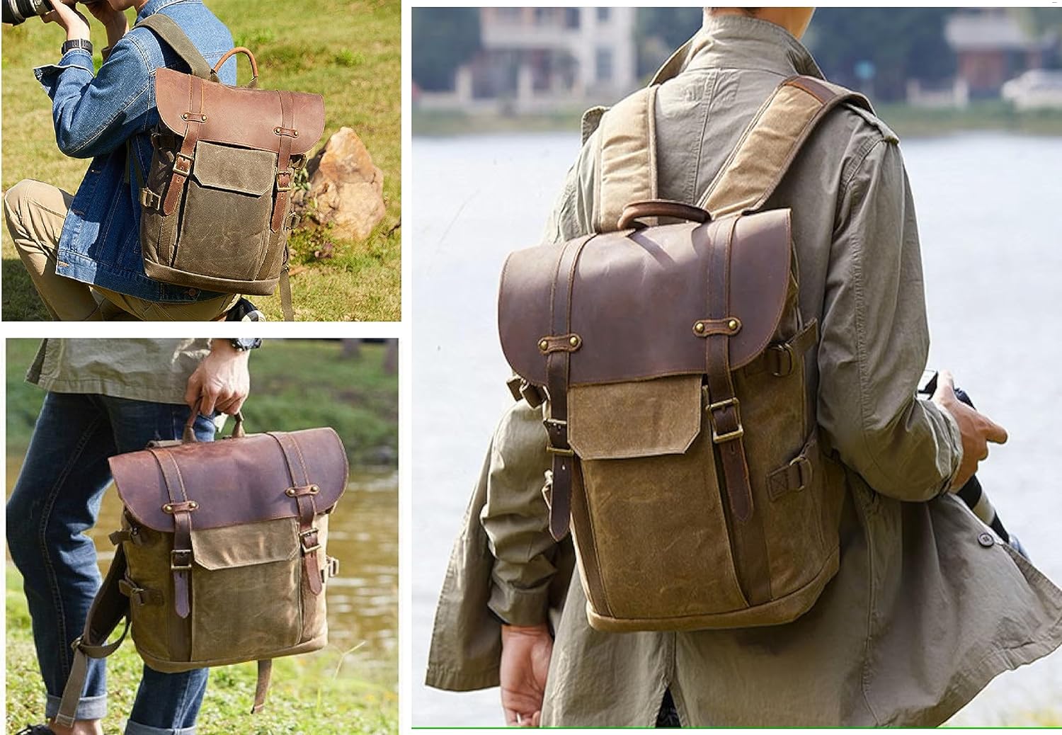 FND DSLR Camera Bag Jealiot-3033 with Tripod Holder, water-resistant, Dust-resistant, Capacity - 21 liters retro style 14 Inch Laptop Backpack (Oil Was Canvas & Leather Matterial) - Image 5