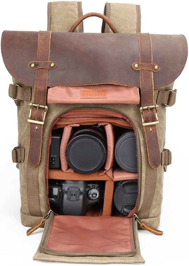 FND DSLR Camera Bag Jealiot-3033 with Tripod Holder, water-resistant, Dust-resistant, Capacity - 21 liters retro style 14 Inch Laptop Backpack (Oil Was Canvas & Leather Matterial) - Image 6