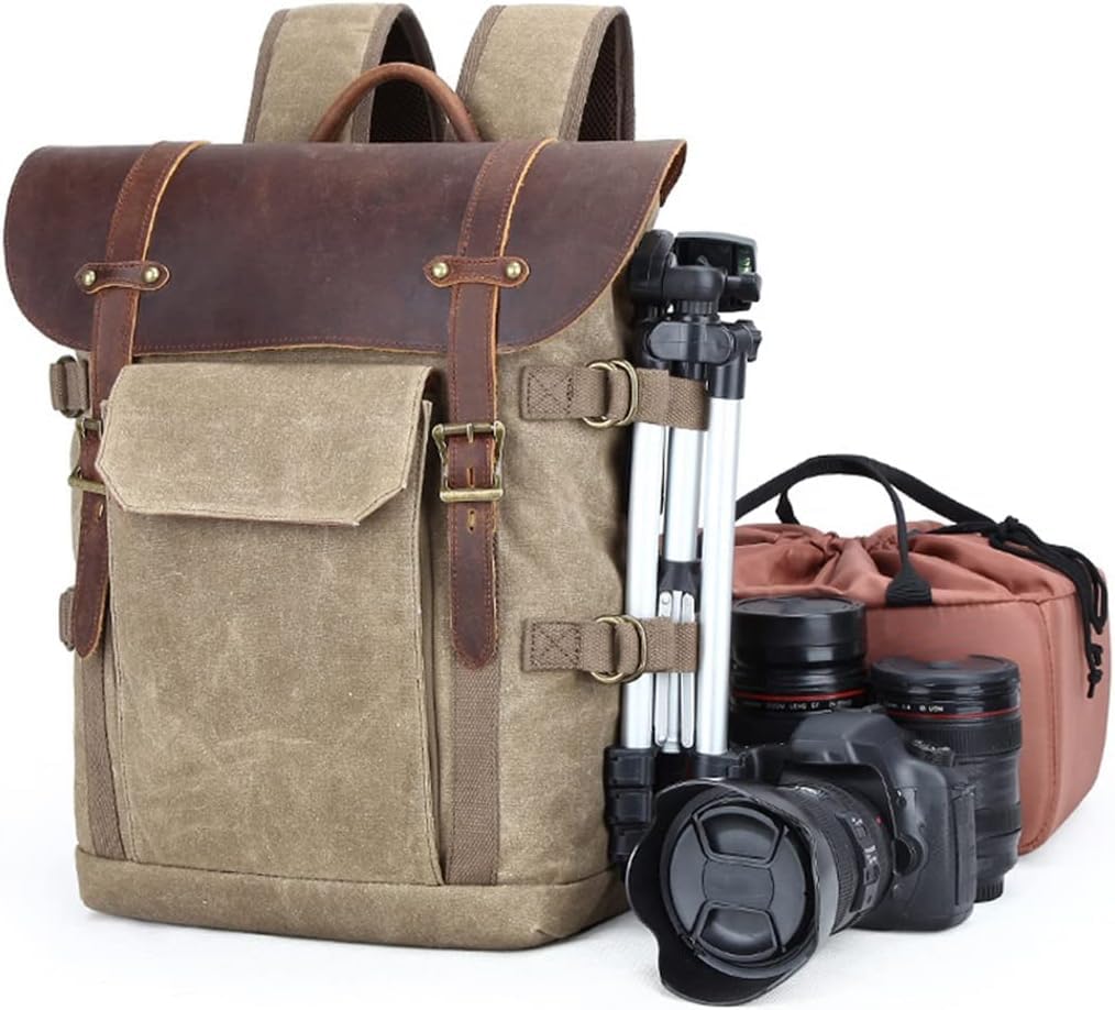 FND DSLR Camera Bag Jealiot-3033 with Tripod Holder, water-resistant, Dust-resistant, Capacity - 21 liters retro style 14 Inch Laptop Backpack (Oil Was Canvas & Leather Matterial) - Image 2