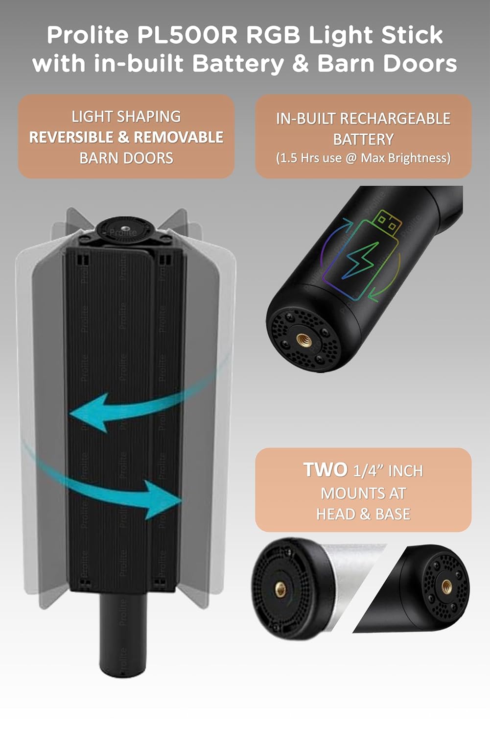 Prolite Light Stick PL500R | Dual-Side Lighting (CCT, HSI+FX) & 2500K-8500K RGB LED Light Saber with Built-in Battery, 2-Way Barndoor & Carry Case (No Remote) | 15 Light Effects | 6000lux - Image 6