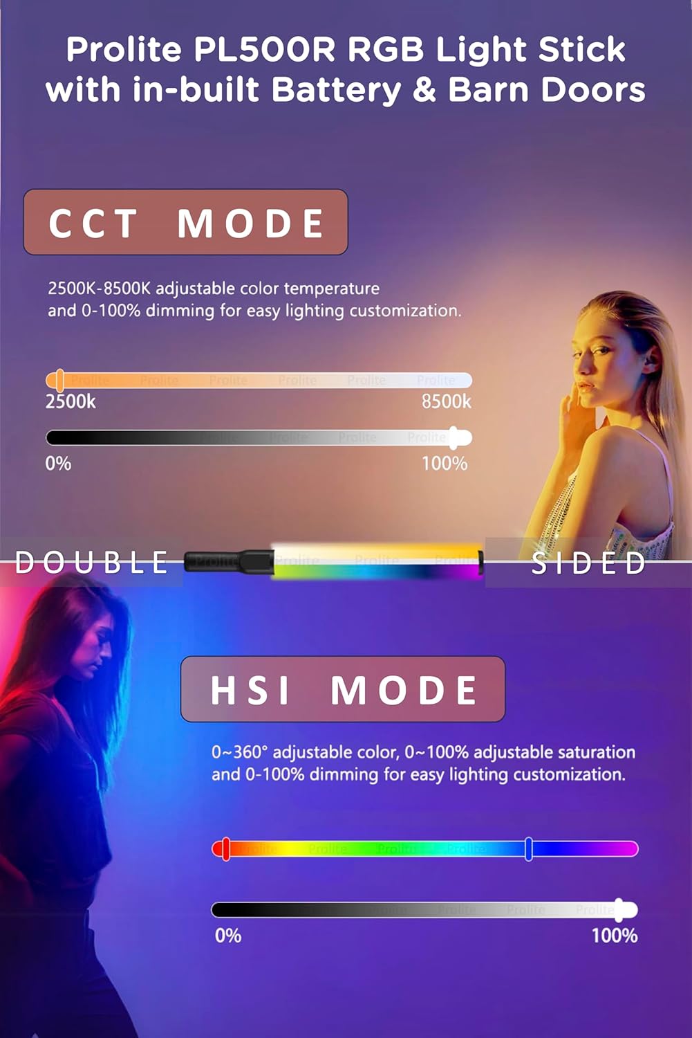 Prolite Light Stick PL500R | Dual-Side Lighting (CCT, HSI+FX) & 2500K-8500K RGB LED Light Saber with Built-in Battery, 2-Way Barndoor & Carry Case (No Remote) | 15 Light Effects | 6000lux - Image 4