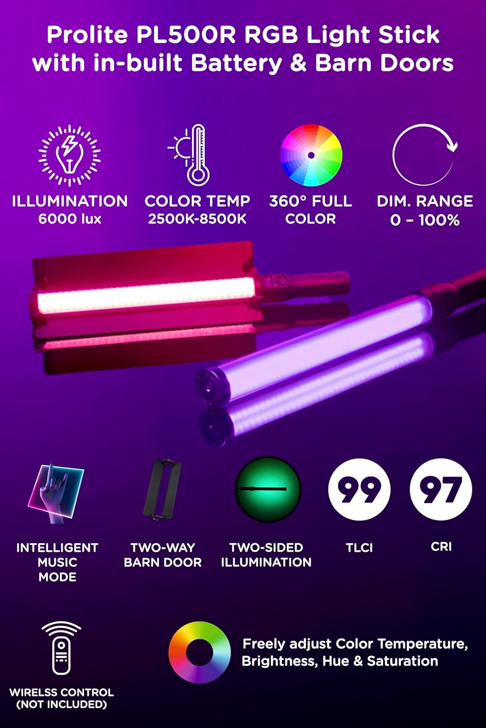 Prolite Light Stick PL500R | Dual-Side Lighting (CCT, HSI+FX) & 2500K-8500K RGB LED Light Saber with Built-in Battery, 2-Way Barndoor & Carry Case (No Remote) | 15 Light Effects | 6000lux - Image 2