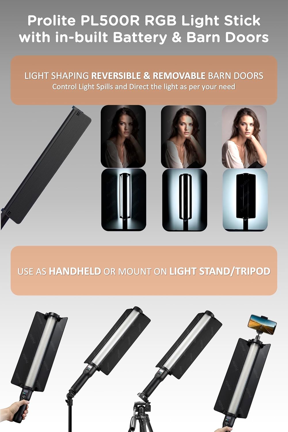 Prolite Light Stick PL500R | Dual-Side Lighting (CCT, HSI+FX) & 2500K-8500K RGB LED Light Saber with Built-in Battery, 2-Way Barndoor & Carry Case (No Remote) | 15 Light Effects | 6000lux - Image 7