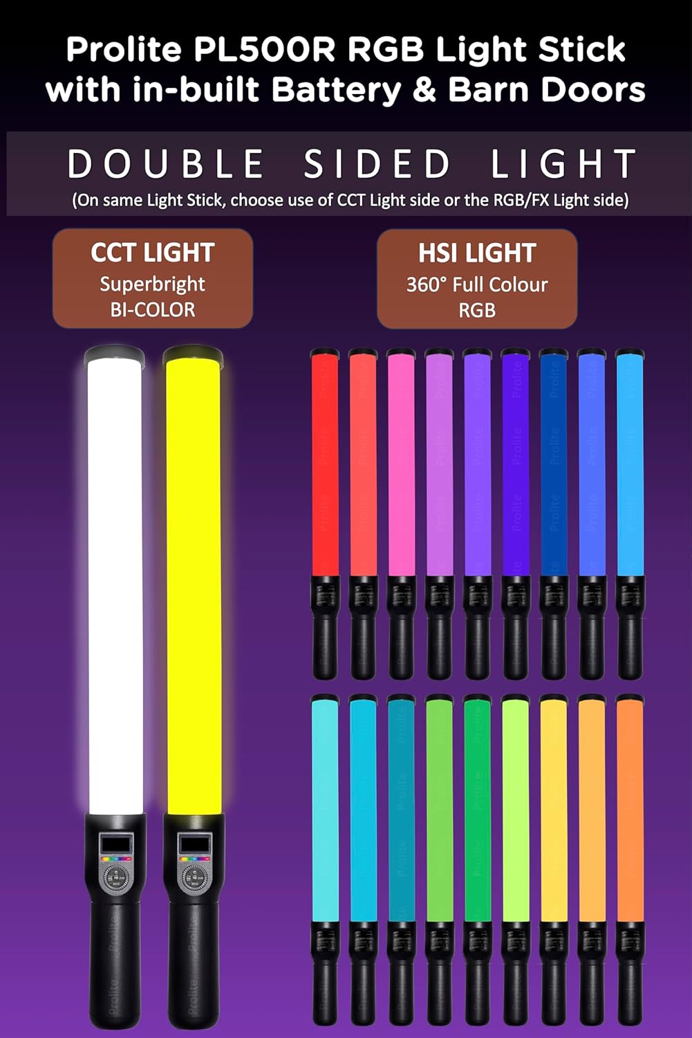 Prolite Light Stick PL500R | Dual-Side Lighting (CCT, HSI+FX) & 2500K-8500K RGB LED Light Saber with Built-in Battery, 2-Way Barndoor & Carry Case (No Remote) | 15 Light Effects | 6000lux - Image 3