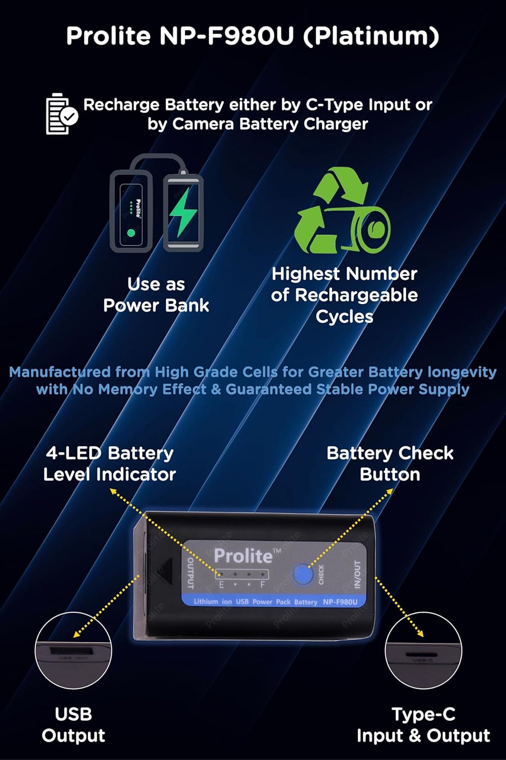 Prolite NP-F980U Platinum Replacement Li-ion Camera Battery with Type-C cable, Indicator in Box Casing | C-Type In/Out, USB Out | Rechargeable | Use for Sony Video Camcorder & Camera also as Powerbank - Image 3