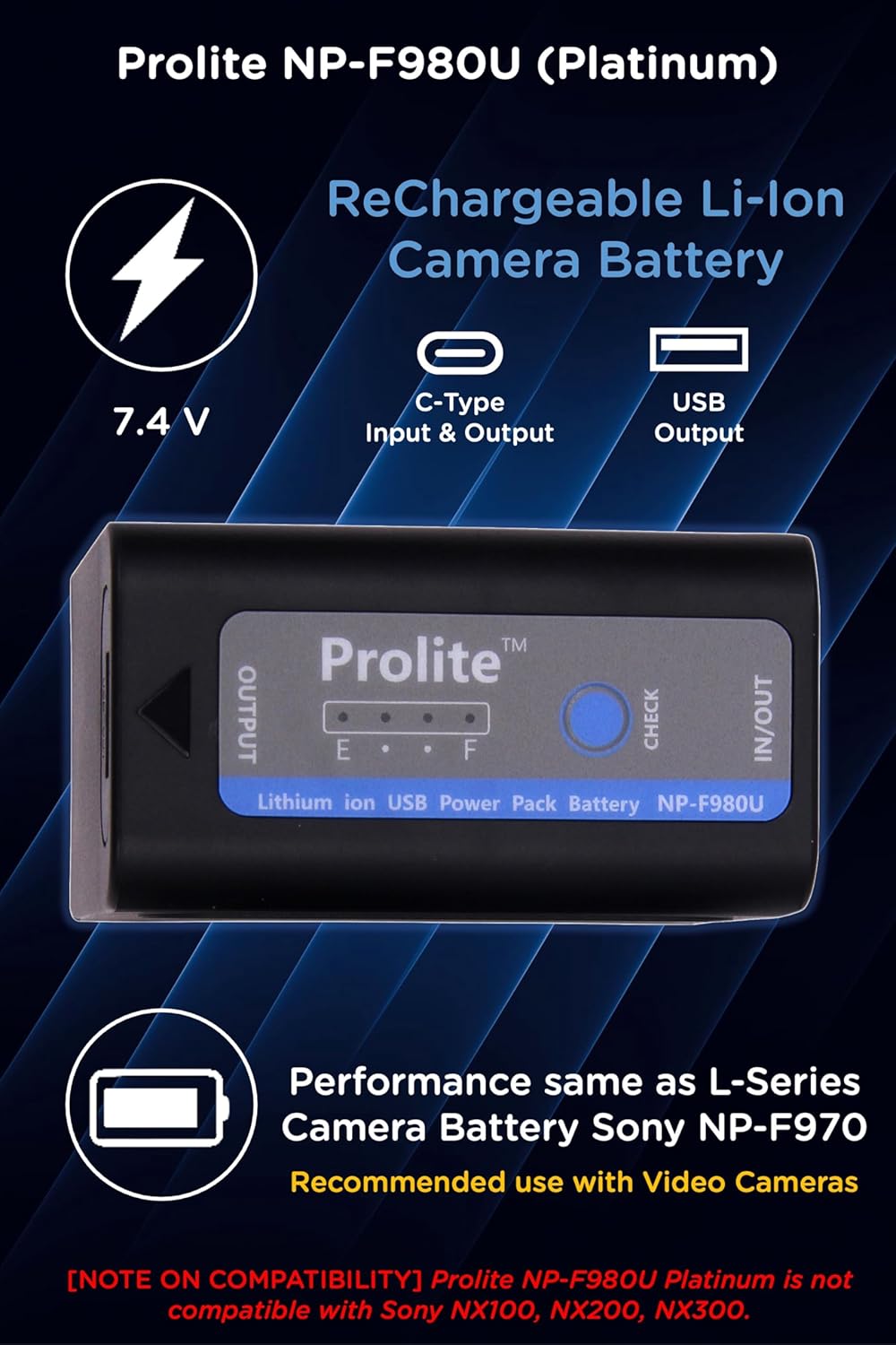 Prolite NP-F980U Platinum Replacement Li-ion Camera Battery with Type-C cable, Indicator in Box Casing | C-Type In/Out, USB Out | Rechargeable | Use for Sony Video Camcorder & Camera also as Powerbank - Image 2