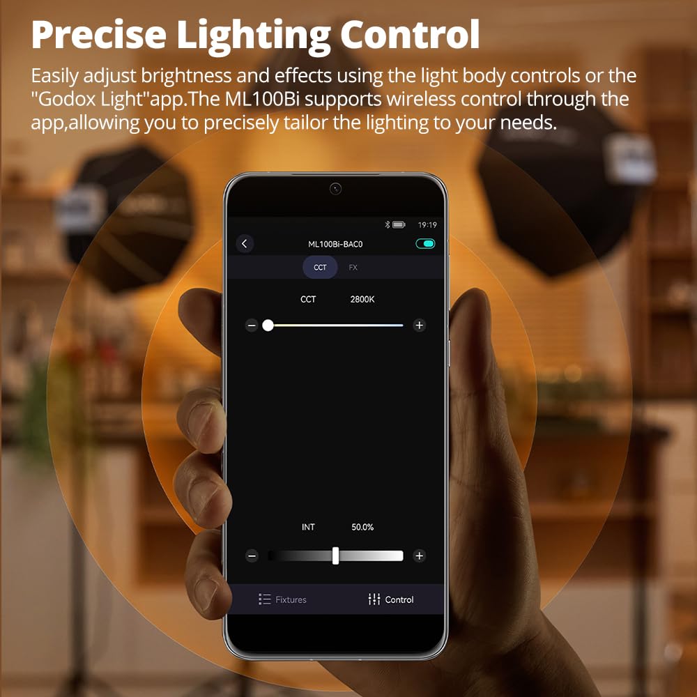 Godox ML100Bi 120W LED Video Light, 2800K-6500K Bi-Colour Video Lighting Kit, 34300Lux CRI97+/TLCI98+, App Control, Supports USB-C Charging, 11 FX Effects, for Filmmaking/Outdoor Photography Godox ML100Bi 120W LED Video Light, 2800K-6500K Bi-Colour Video Lighting Kit, 34300Lux CRI97+/TLCI98+, App Control, Supports USB-C Charging, 11 FX Effects, for Filmmaking/Outdoor Photography - Image 7