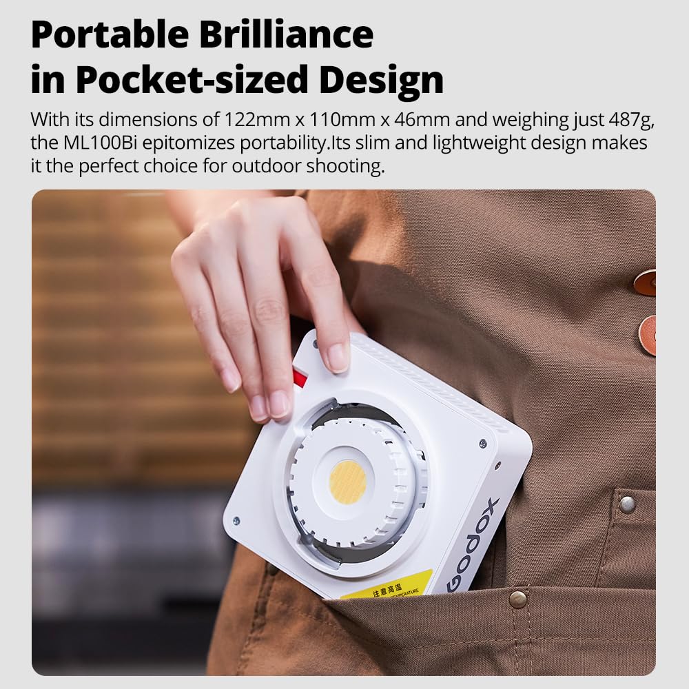 Godox ML100Bi 120W LED Video Light, 2800K-6500K Bi-Colour Video Lighting Kit, 34300Lux CRI97+/TLCI98+, App Control, Supports USB-C Charging, 11 FX Effects, for Filmmaking/Outdoor Photography Godox ML100Bi 120W LED Video Light, 2800K-6500K Bi-Colour Video Lighting Kit, 34300Lux CRI97+/TLCI98+, App Control, Supports USB-C Charging, 11 FX Effects, for Filmmaking/Outdoor Photography - Image 3