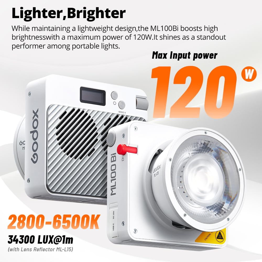 Godox ML100Bi 120W LED Video Light, 2800K-6500K Bi-Colour Video Lighting Kit, 34300Lux CRI97+/TLCI98+, App Control, Supports USB-C Charging, 11 FX Effects, for Filmmaking/Outdoor Photography Godox ML100Bi 120W LED Video Light, 2800K-6500K Bi-Colour Video Lighting Kit, 34300Lux CRI97+/TLCI98+, App Control, Supports USB-C Charging, 11 FX Effects, for Filmmaking/Outdoor Photography - Image 2