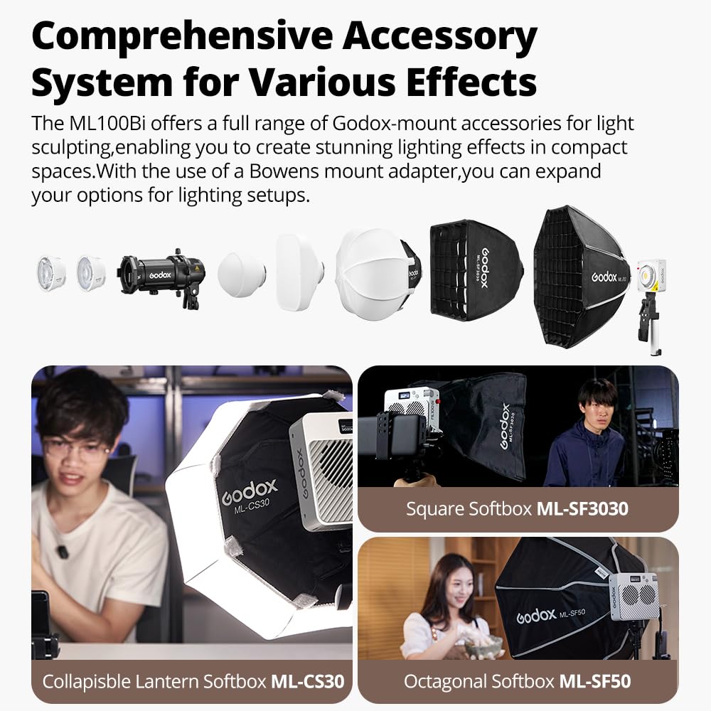 Godox ML100Bi 120W LED Video Light, 2800K-6500K Bi-Colour Video Lighting Kit, 34300Lux CRI97+/TLCI98+, App Control, Supports USB-C Charging, 11 FX Effects, for Filmmaking/Outdoor Photography Godox ML100Bi 120W LED Video Light, 2800K-6500K Bi-Colour Video Lighting Kit, 34300Lux CRI97+/TLCI98+, App Control, Supports USB-C Charging, 11 FX Effects, for Filmmaking/Outdoor Photography - Image 4