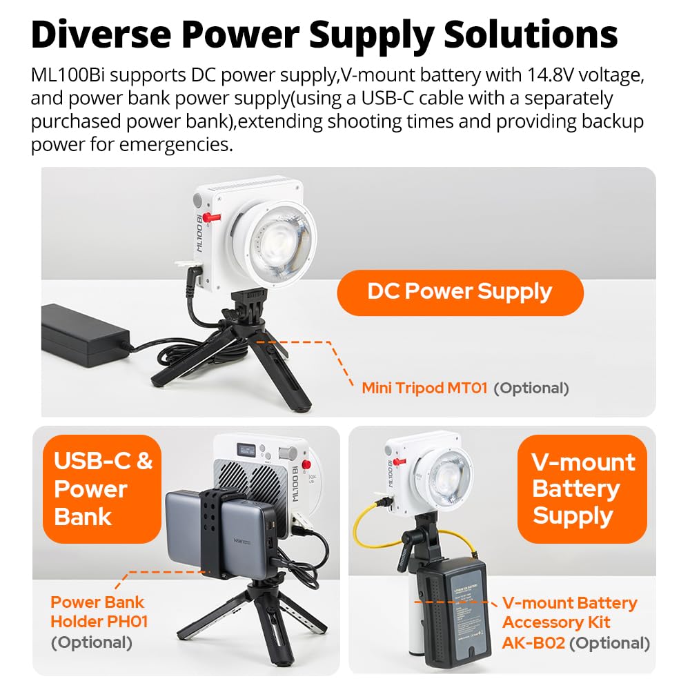 Godox ML100Bi 120W LED Video Light, 2800K-6500K Bi-Colour Video Lighting Kit, 34300Lux CRI97+/TLCI98+, App Control, Supports USB-C Charging, 11 FX Effects, for Filmmaking/Outdoor Photography Godox ML100Bi 120W LED Video Light, 2800K-6500K Bi-Colour Video Lighting Kit, 34300Lux CRI97+/TLCI98+, App Control, Supports USB-C Charging, 11 FX Effects, for Filmmaking/Outdoor Photography - Image 6