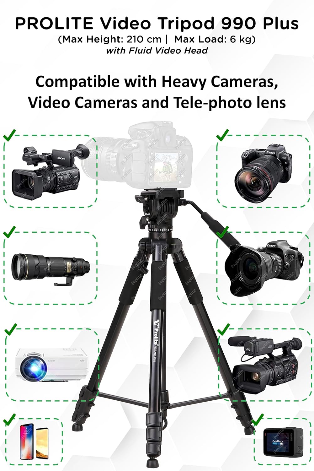 Prolite Tripod VCT 990 Plus (80 inch | Payload Upto 6 kg) with Fluid Video Head | Use with DSLR Camera, Video Camera - Image 2