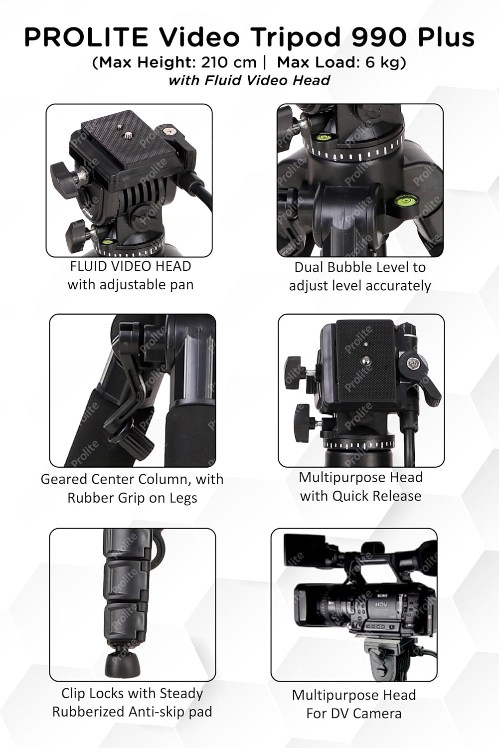 Prolite Tripod VCT 990 Plus (80 inch | Payload Upto 6 kg) with Fluid Video Head | Use with DSLR Camera, Video Camera - Image 3
