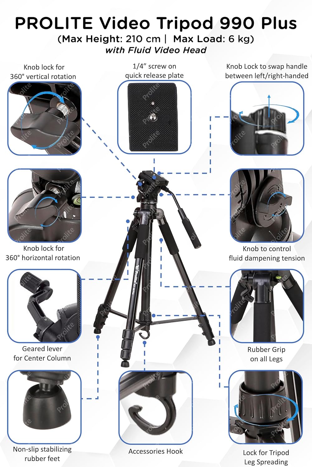 Prolite Tripod VCT 990 Plus (80 inch | Payload Upto 6 kg) with Fluid Video Head | Use with DSLR Camera, Video Camera - Image 4