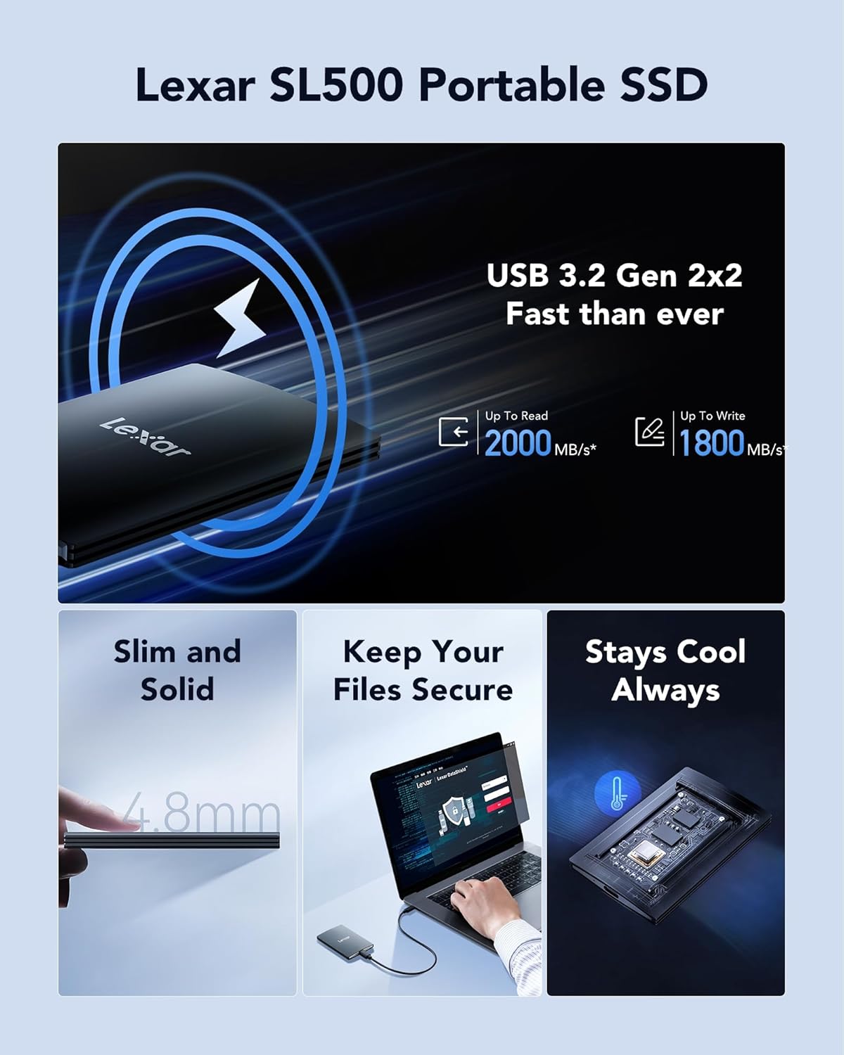 Lexar SL500 External SSD 1TB, USB3.2 Gen2x2 Portable SSD, PSSD up to 2000MB/s Read, 1800MB/s Write, External Solid State Drive Compatible with iPhone15 Series/Mac/PS5/XBOX/Laptop/PC(LSL500X001T-RNBNG) - Image 2