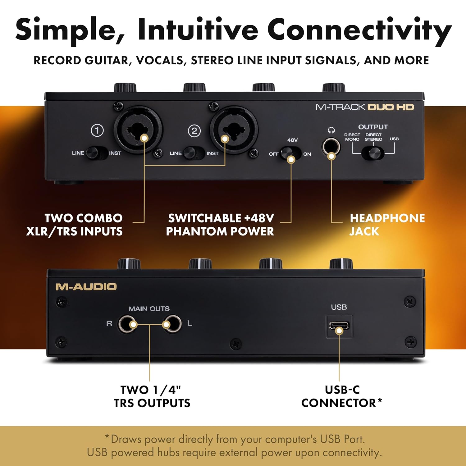 M-AUDIO M-TRACK DUO HD - 2x2 USB-C Audio Interface for Mac, PC, iOS, Android | 2 XLR/TRS Inputs, 2 TRS Outputs, 24-Bit/192kHz - Image 4
