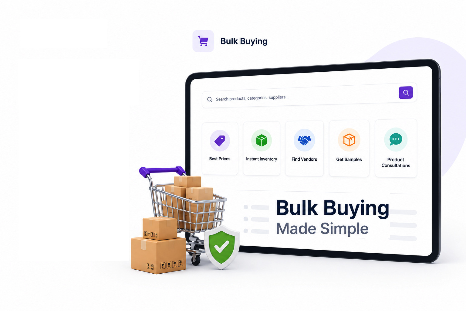 Sampley buyer dashboard for bulk buying, quotes, sample requests, vendor network, verified suppliers, secure process, and dedicated support