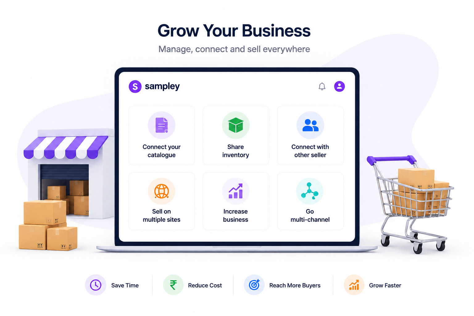 Sampley seller eStore dashboard with catalogue, orders, inventory, accounting sync, delivery, and reach more buyers