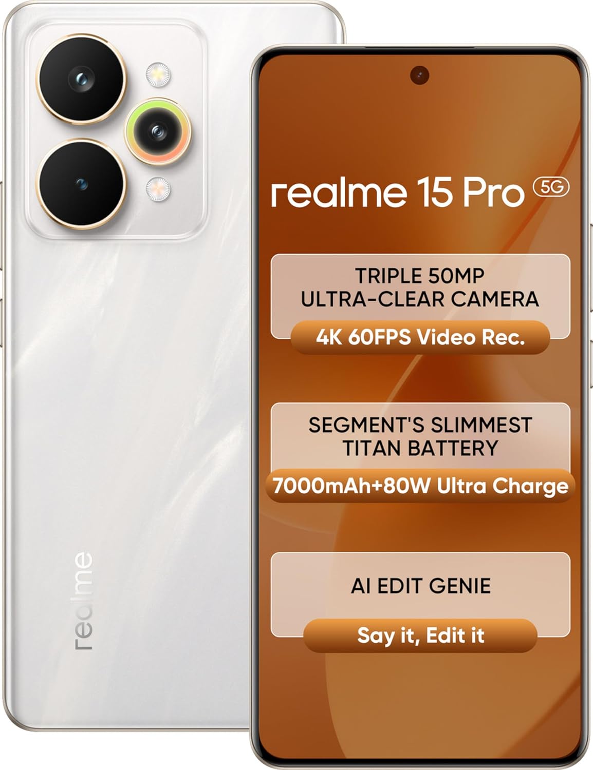 realme 15 Pro 5G (Flowing Silver, 8GB RAM, 128GB Storage) | 6.8" FHD+ AMOLED 120Hz | 50MP Triple AI Camera | 50MP Selfie | Snapdragon 7 Gen 4 | 7000mAh | 80W Fast Charging | Android 15 | Dual SIM - Image 1