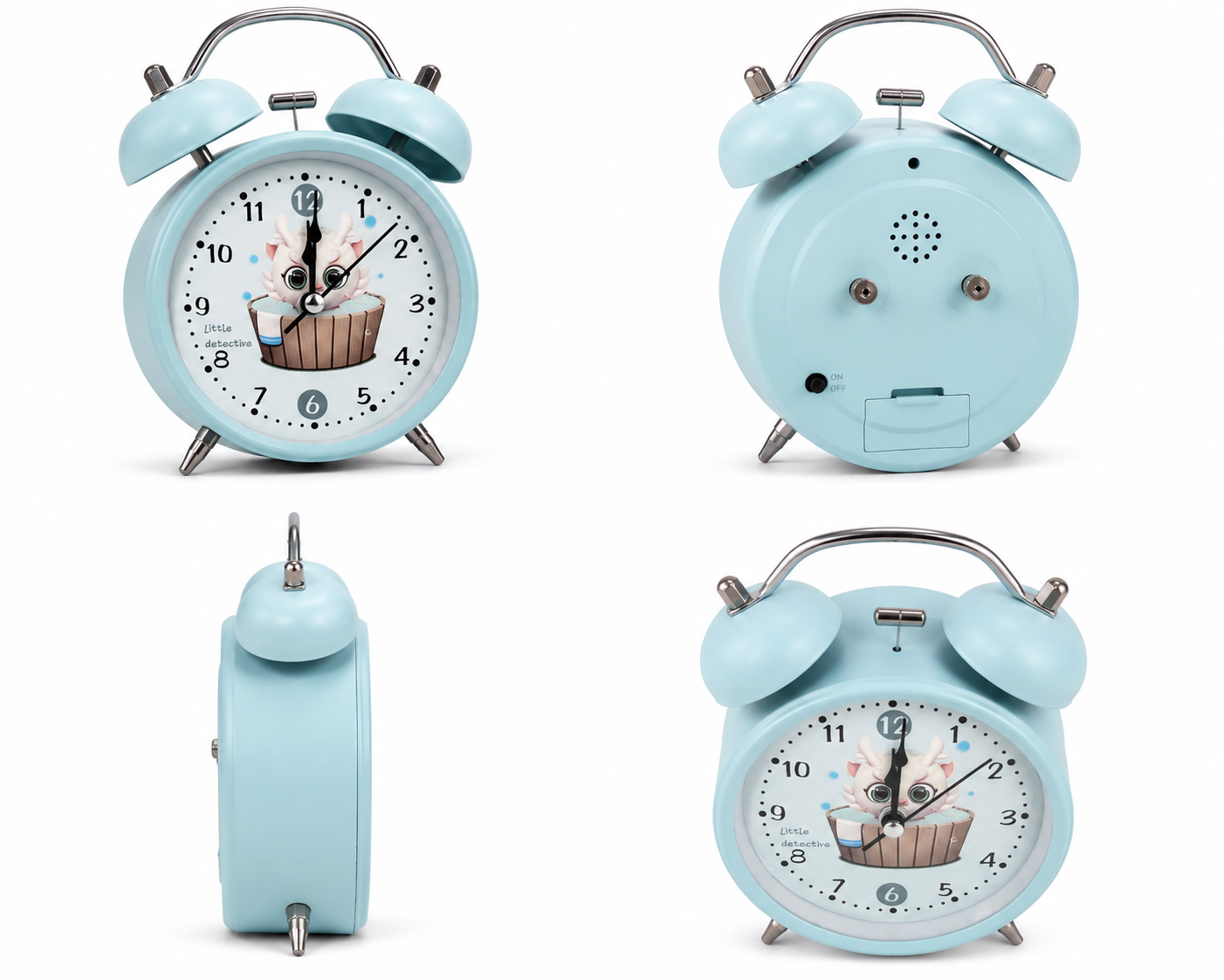 Light Blue Twin Bell Analog Alarm Clock with Cute Cartoon Dial - Image 6