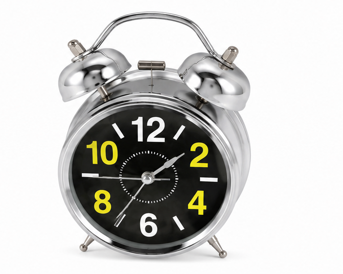 Silver Twin Bell Analog Alarm Clock with Black Dial – Yellow & White Numbers - Image 2