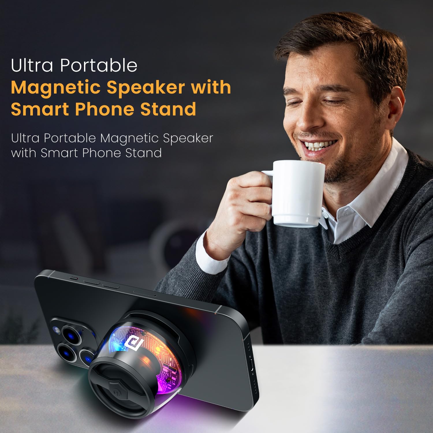 Portronics Nadya 6W Magnetic Bluetooth Speaker with MagSafe Mobile Stand, HD Sound, Upto 4 Hours Playtime, 40mm Driver, RGB LED Lights, Bluetooth 5.3V, Transparent Speaker, Type C Charging(Black) - Image 2