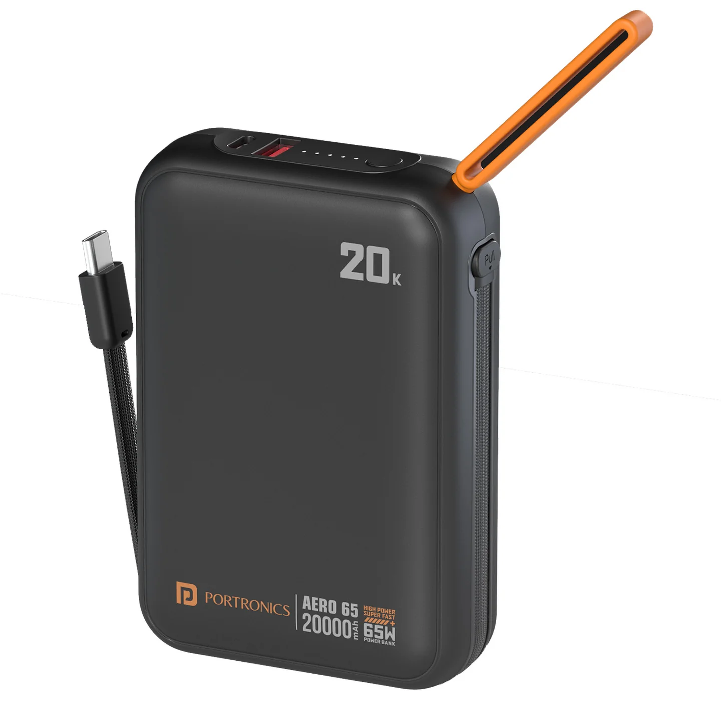 Portronics Aero 65 20000mAh 65W Fast Charging Power Bank with Built-in Type-C Cable, LED Display, USB-C PD & USB-A Port – Black - Image 1