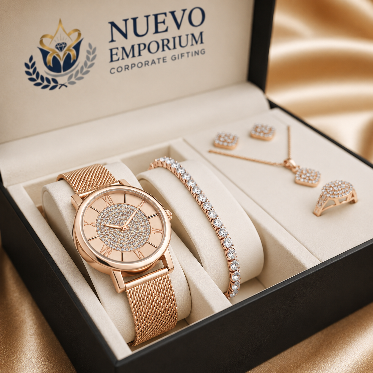 Nuevo RoseÉlan Premium Rose Gold Watch & Jewellery Gift Set for Women | Necklace, Earrings, Ring & Bracelet | Luxury Gift Box - Image 2